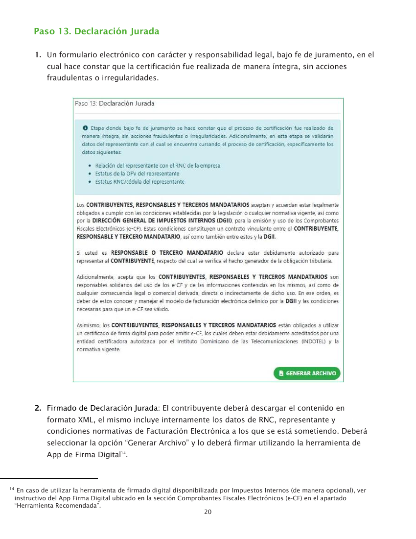Referencia del instructivo DGII para el paso 13: Declaración jurada